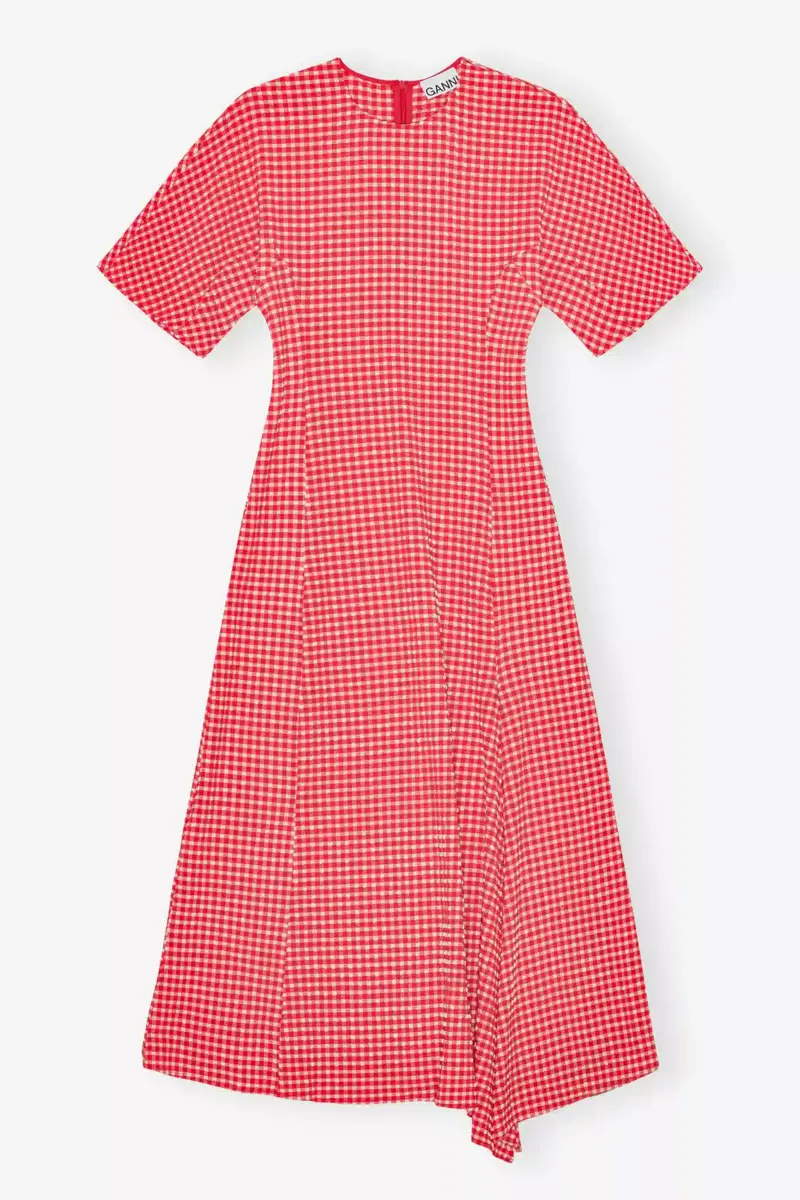 Vestido rojo elástico de seersucker con abertura