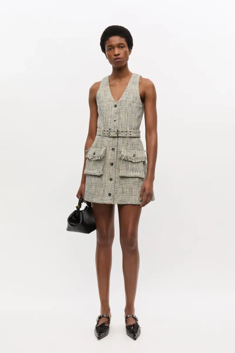 Vestido sin mangas con cinturón de tweed