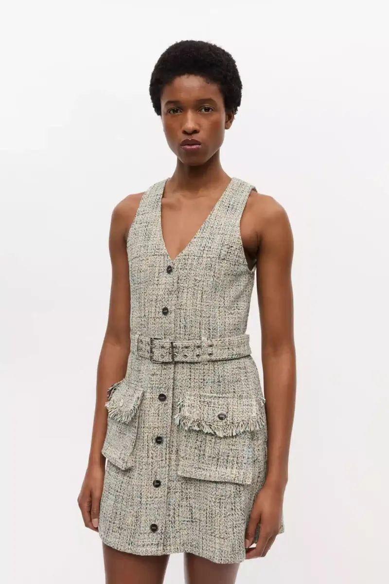 Vestido sin mangas con cinturón de tweed Vestido sin mangas con cinturón de tweed